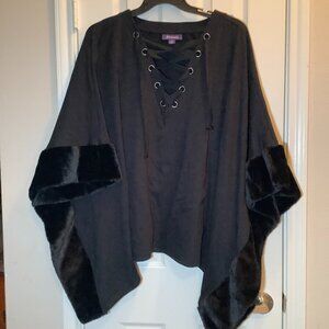 Roaman's Black Faux Fur Trim Lace Up Poncho Kangaroo Pocket 